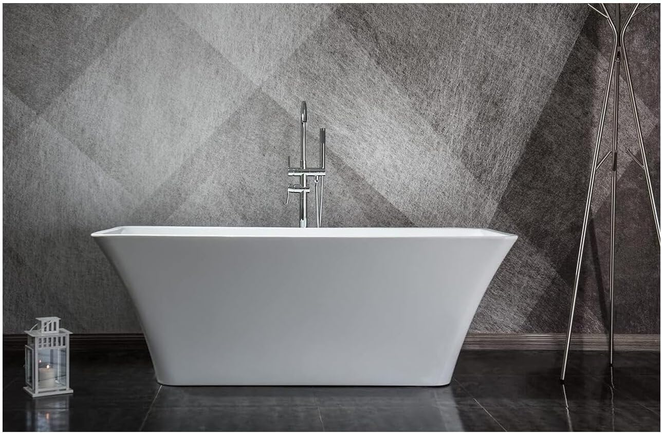 HomeStock Vinter 59 in White Freestanding Acrylic Flatbottom Soaking Bathtub with Chrome Hardware