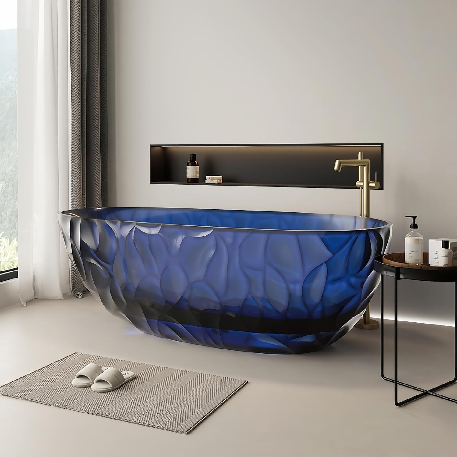 67' Edeyeu Clear Freestanding Bathtub – Designer Solid Surface Bathtub With Ripple Texture, Extra Deep Soaking Tub, Ergonomic Stand Alone Tub For Modern Luxury Bathrooms C