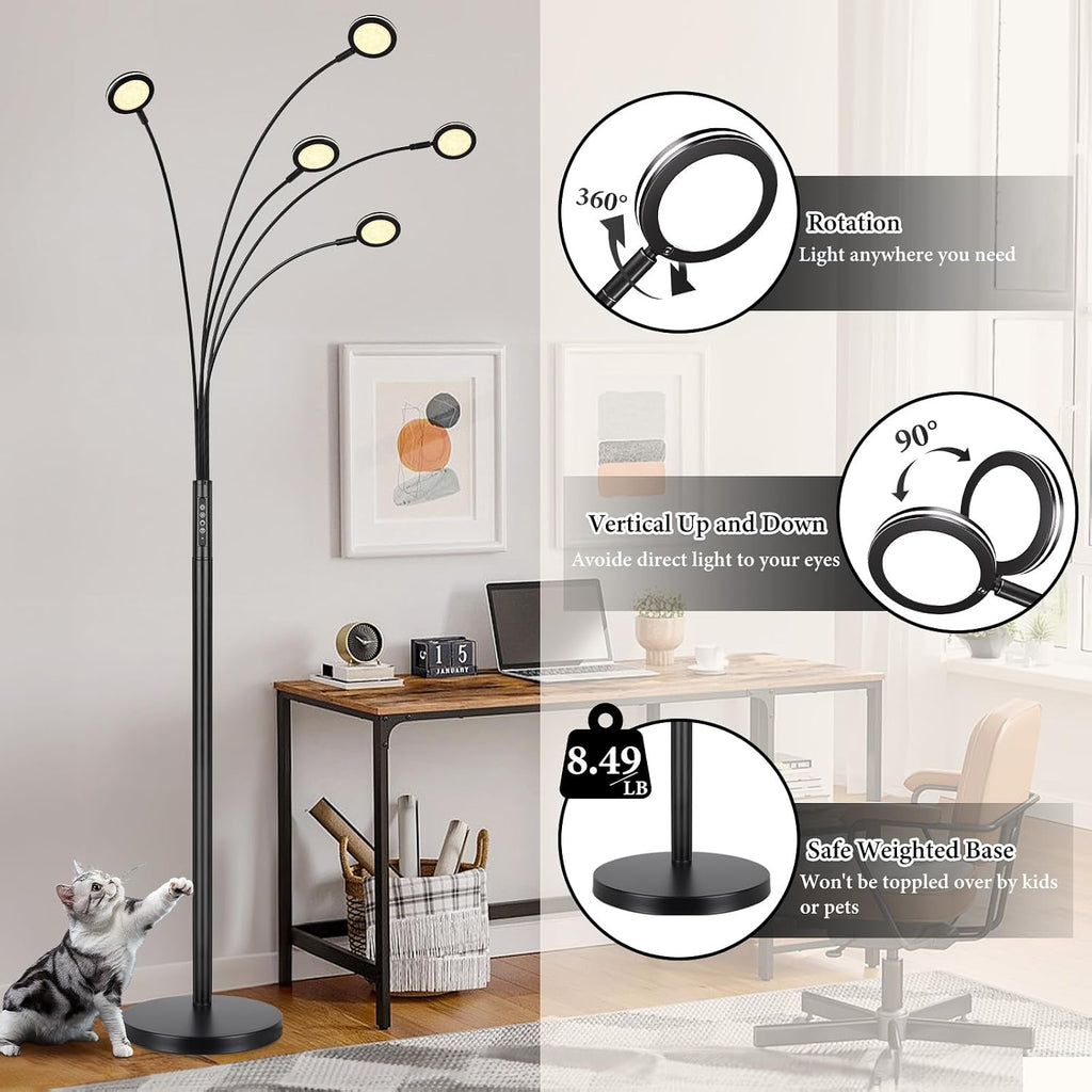 LED Arc Floor Lamp with Remote, 2250LM Dimmable Floor Lamp with Timer, Adjustable Colors, Brightness & 5 Adjustable Arms,Multi-Head Tall Tree Standing Lamp for Living Room Bedroom Corner Office, Black