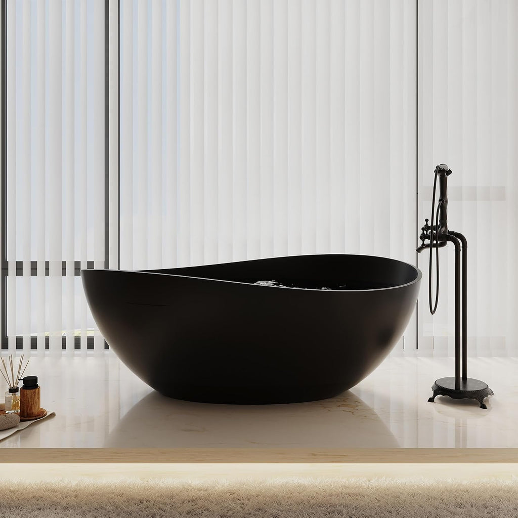 CASAINC 63' Free Standing Tub, Matte Black Stone Resin Freestanding Bathtub Solid Surface Soaking Tub with Drain, Drain Hose & Sanding Paper