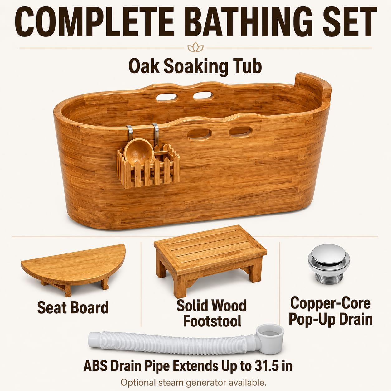 Large Wooden Bathtub Japanese Style Freestanding Oak Soaking Tub with Accessories for Adults, Home Spa and Deep Soaking Experience (wooden color, 43.3')