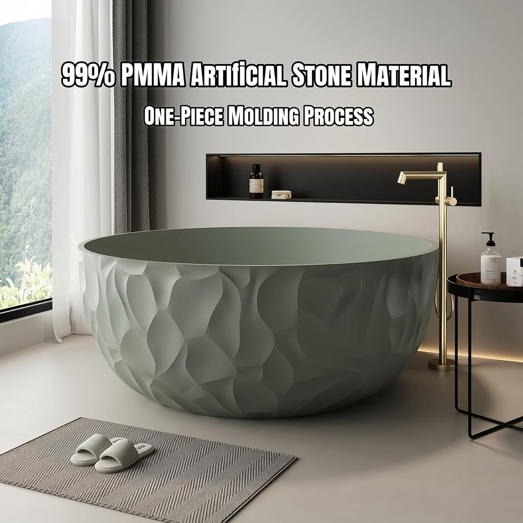 63' Edeyeu Freestanding Bathtub – Modern Solid Surface Bathtub With Ripple Design, Extra Deep Soaking Tub, Ergonomic Stand Alone Tub For Luxury Bathroom Spaces I