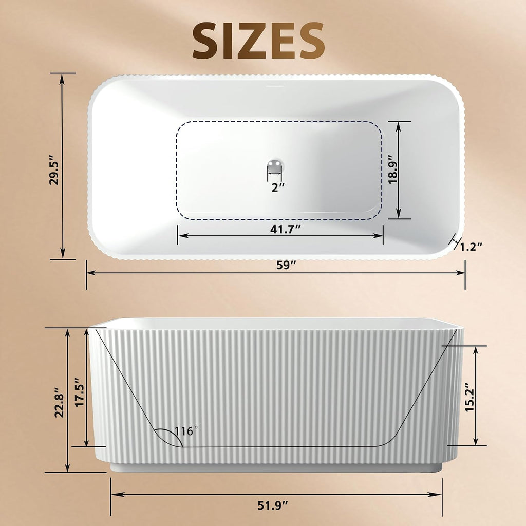 59' Freestanding Bathtub, Rectangle Linear Acrylic Soaking Tub with Chrome Pop-Up Drain, Glossy White Stand Alone Soaker Tub, Double Wall Insulated, Modern Luxury Bathroom Tub