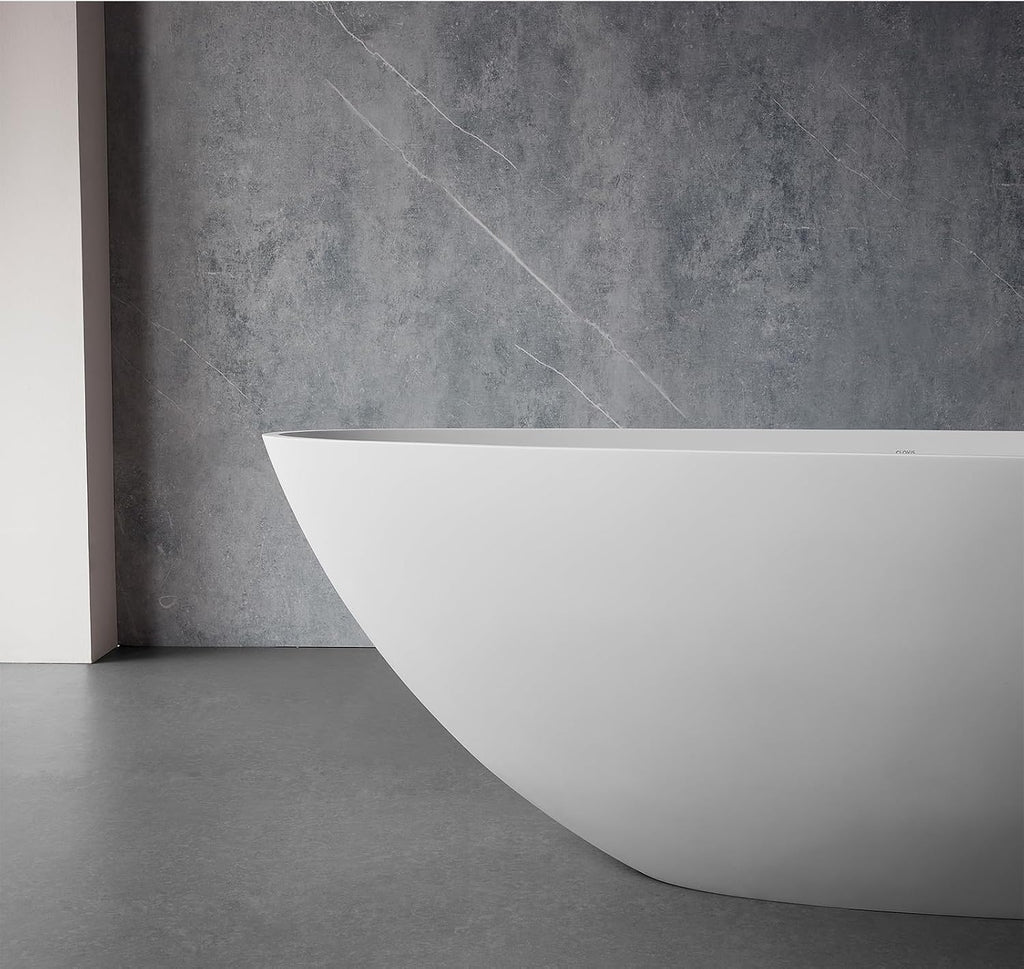TONA 59' Stone Resin Freestanding Bathtub， Modern Egg Shell Shapes Solid Surface Soaking Stand Alone Tub, Matte White, Drain & Overflow Included