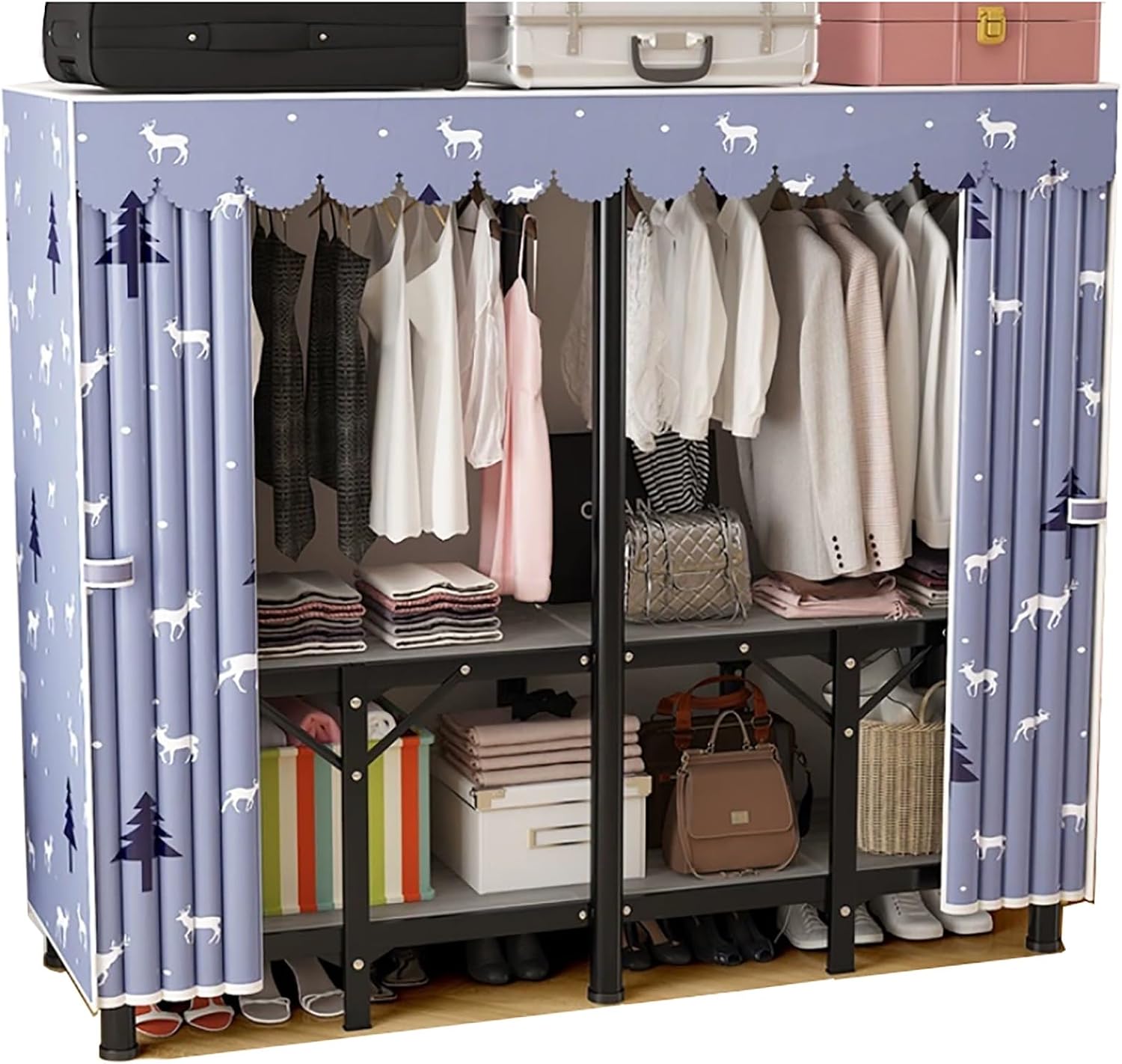 Portable Closet Organizers Wardrobe with Shelves and Hanging Rod Non-Woven Fabric Cover Clothing Rack Closet Rack for Cloakroom Bedroom(Blue,L200*W45*H170cm)