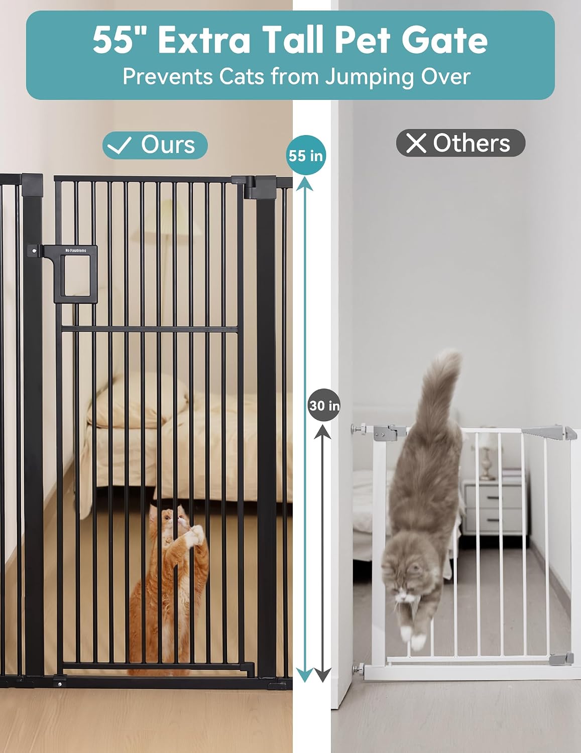 No Pawblems Upgraded 55' Extra Tall Pet Gate for Cat, 29-43' Auto Close Cat Gate for Doorways/Stairs/Hallways, NO Drilling Pressure Mounted Tall Dog Gate Indoor, 1.37' Pet-Safe Gap, Black