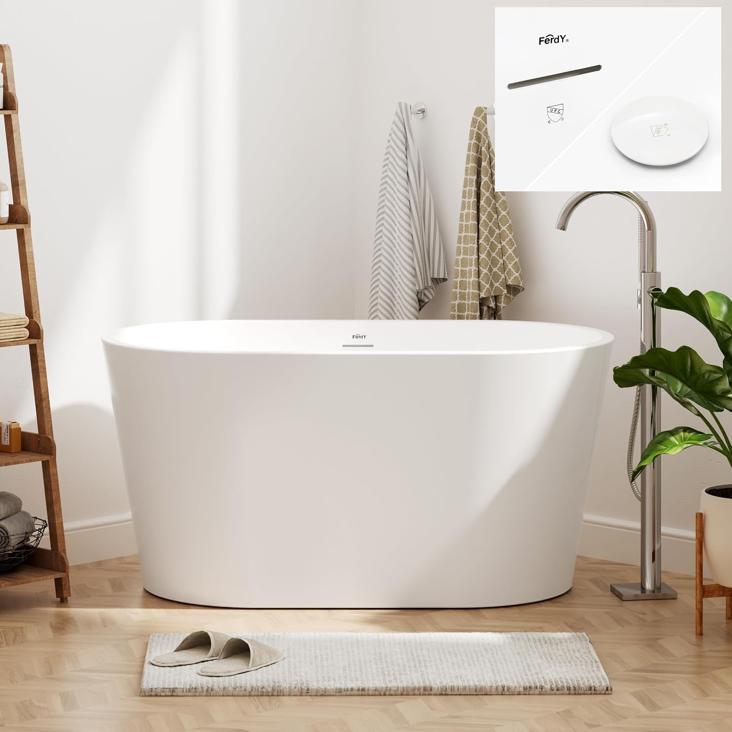 FerdY Shangri-La 47' Acrylic Freestanding Bathtub, Small Classic Oval Shape Acrylic Soaking Bathtub with White Drain & Minimalist Linear Design Overflow, Modern White, cUPC Certified