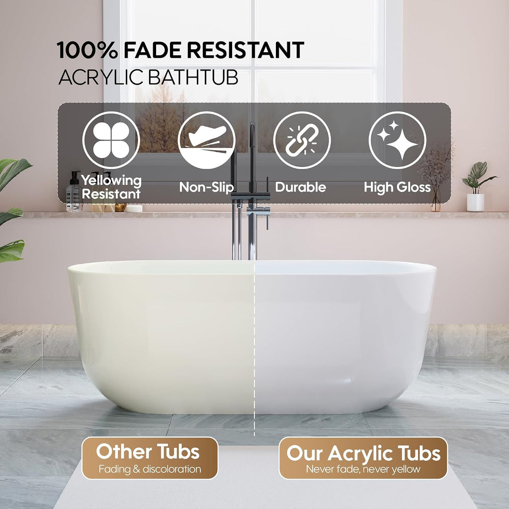 WELLFOR 60-Inch Freestanding Acrylic Bathtub with Chrome Bathtub Drain and Integrated Slotted Overflow, Freestanding Glossy White Soaking Bathtub, Acrylic Soaking Tub (Glossy White)