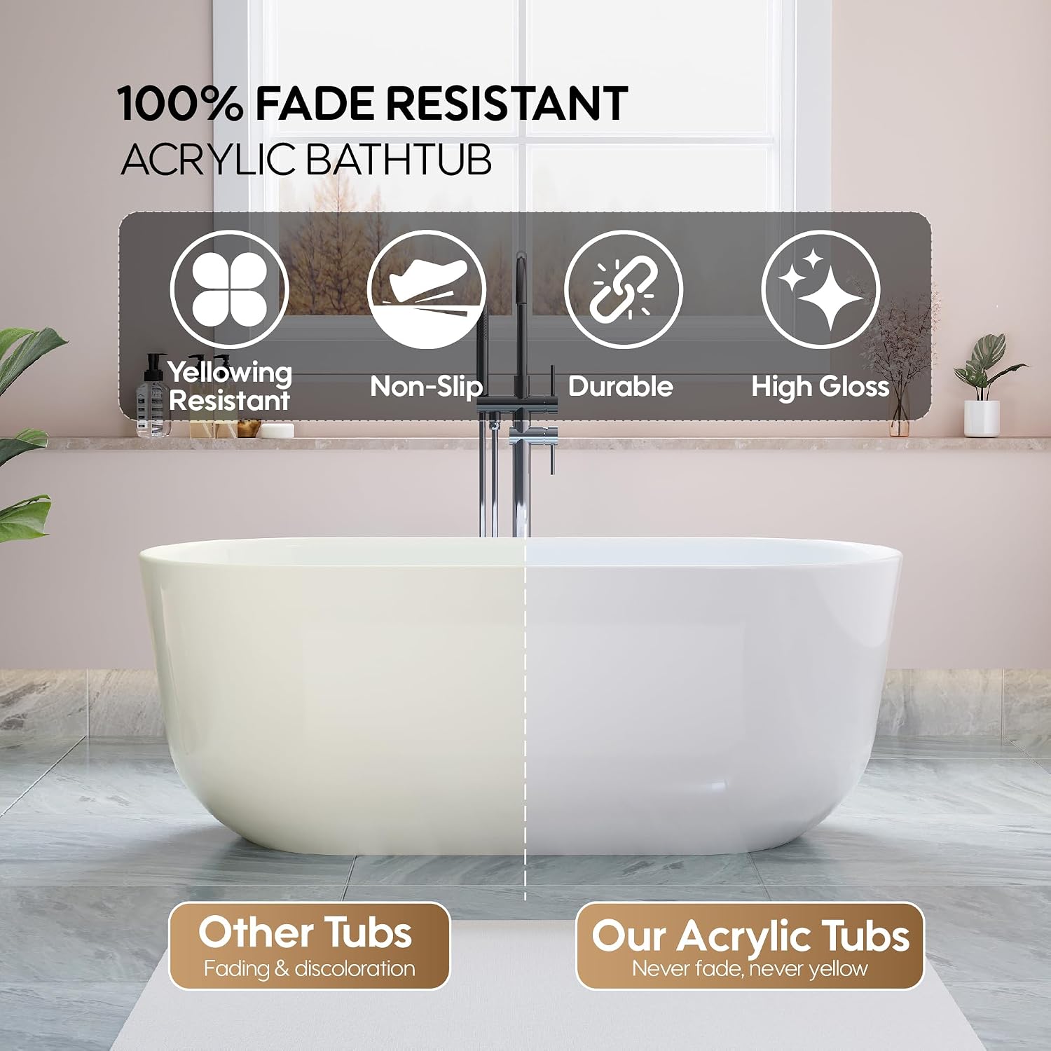 WELLFOR 60-Inch Freestanding Acrylic Bathtub with Chrome Bathtub Drain and Integrated Slotted Overflow, Freestanding Glossy White Soaking Bathtub, Acrylic Soaking Tub (Glossy White)