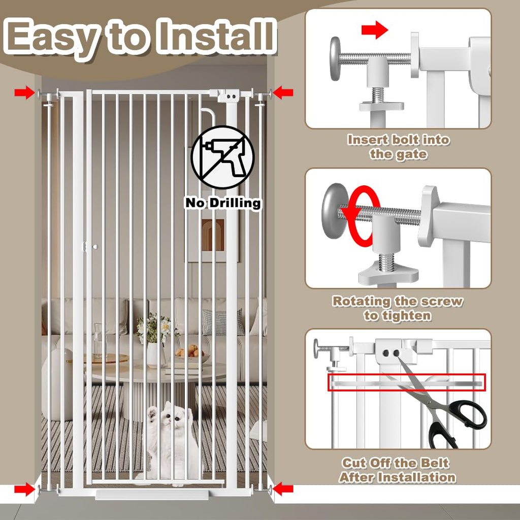 57' Extra Tall Cat Gate for Doorways, 29.5'-38.5' Tall Pet Gates for Cats Walk Through, Auto Close High Baby Gates with Door, Child Safety Gate Indoor Stairs, Cat Proof Gate for Dogs, White