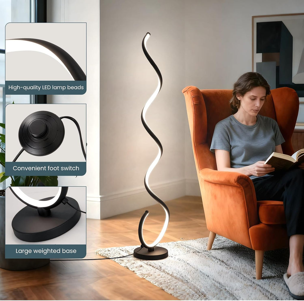 EIDISUNY Modern Floor Lamp for Living Room, 3 Color Temperature LED Spiral Floor Lamps with Remote&Foot Switch, 48W Dimmable LED Standing Lamp for Bedroom, Office(Black)