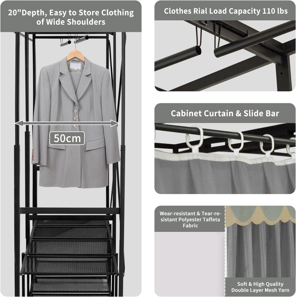 Heavy Duty Foldable Closet with Cover, Portable Closets for Hanging Clothes Freestanding Wardrobe Clothes Organizer Covered Garment Rack for Bedroom Dorm Apartment - No Assembly, Space-Saving (59in)