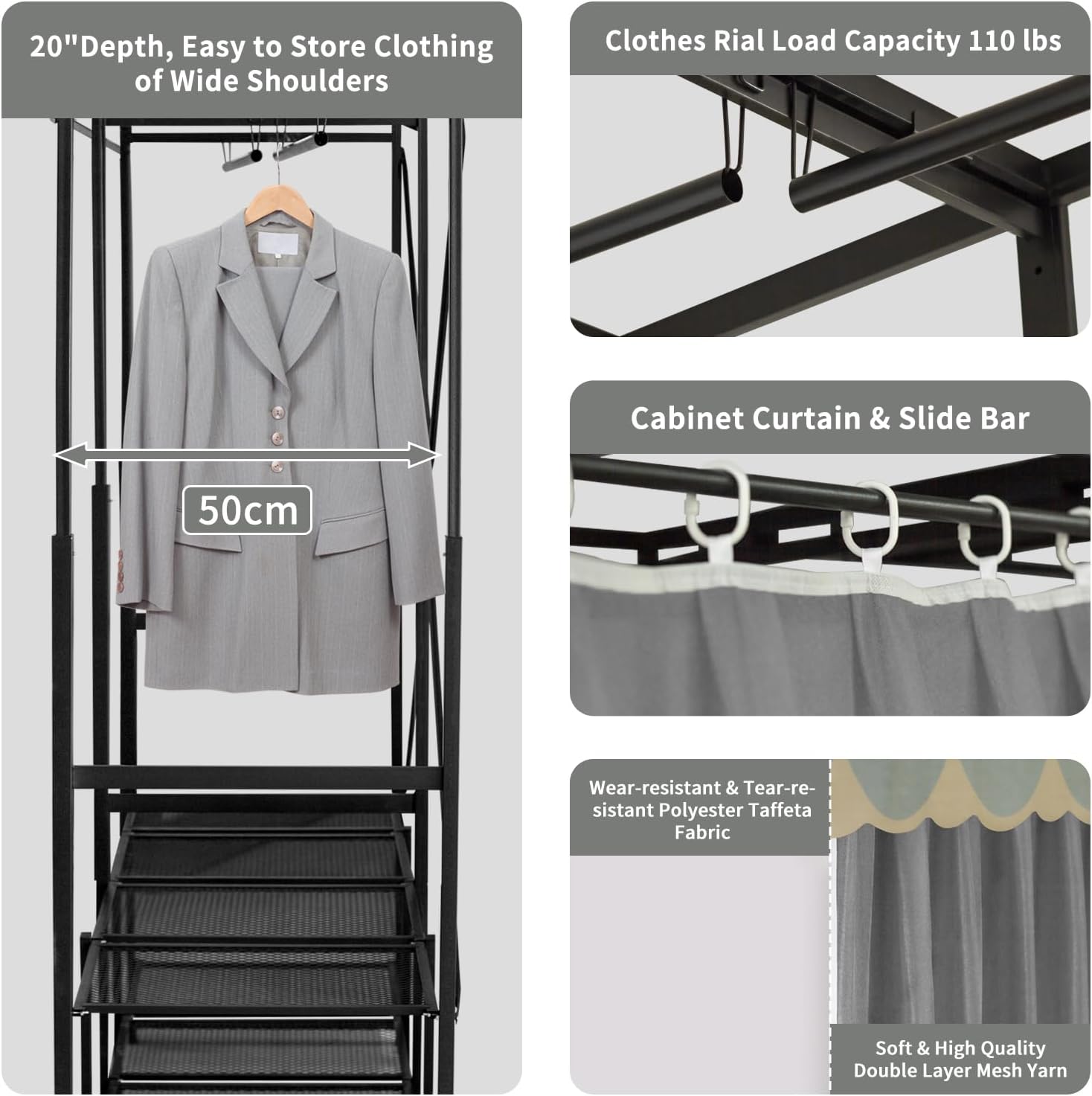 Heavy Duty Foldable Closet with Cover, Portable Closets for Hanging Clothes Freestanding Wardrobe Clothes Organizer Covered Garment Rack for Bedroom Dorm Apartment - No Assembly, Space-Saving (59in)