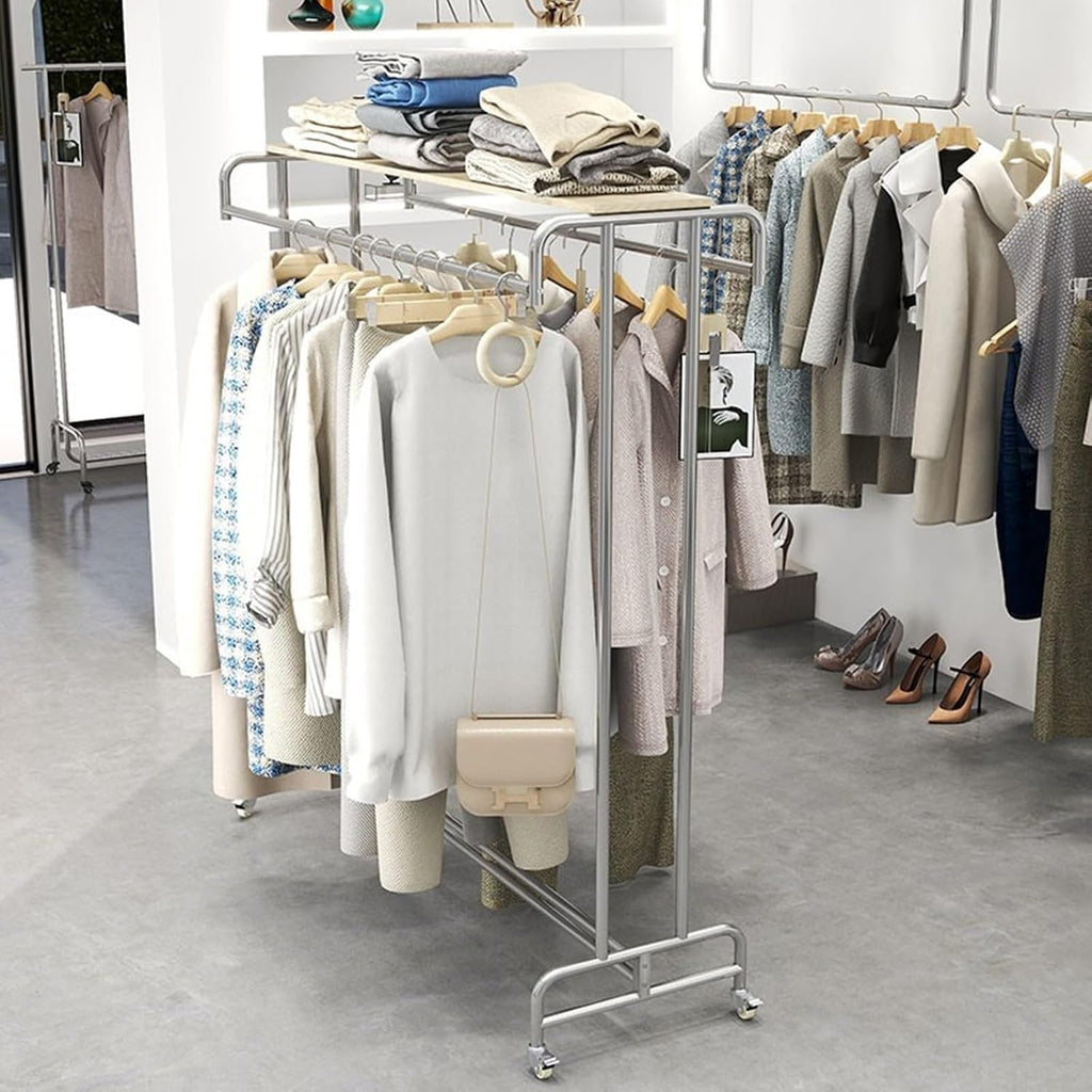 Stainless Steel Freestanding Garment Rack, Heavy Duty Double Rod Rolling Clothes Rack Clothing Hanger Stand for Modern Boutique Display Rack Retail Use ( Color : Rack with Shelf , Size : 100x50x150cm