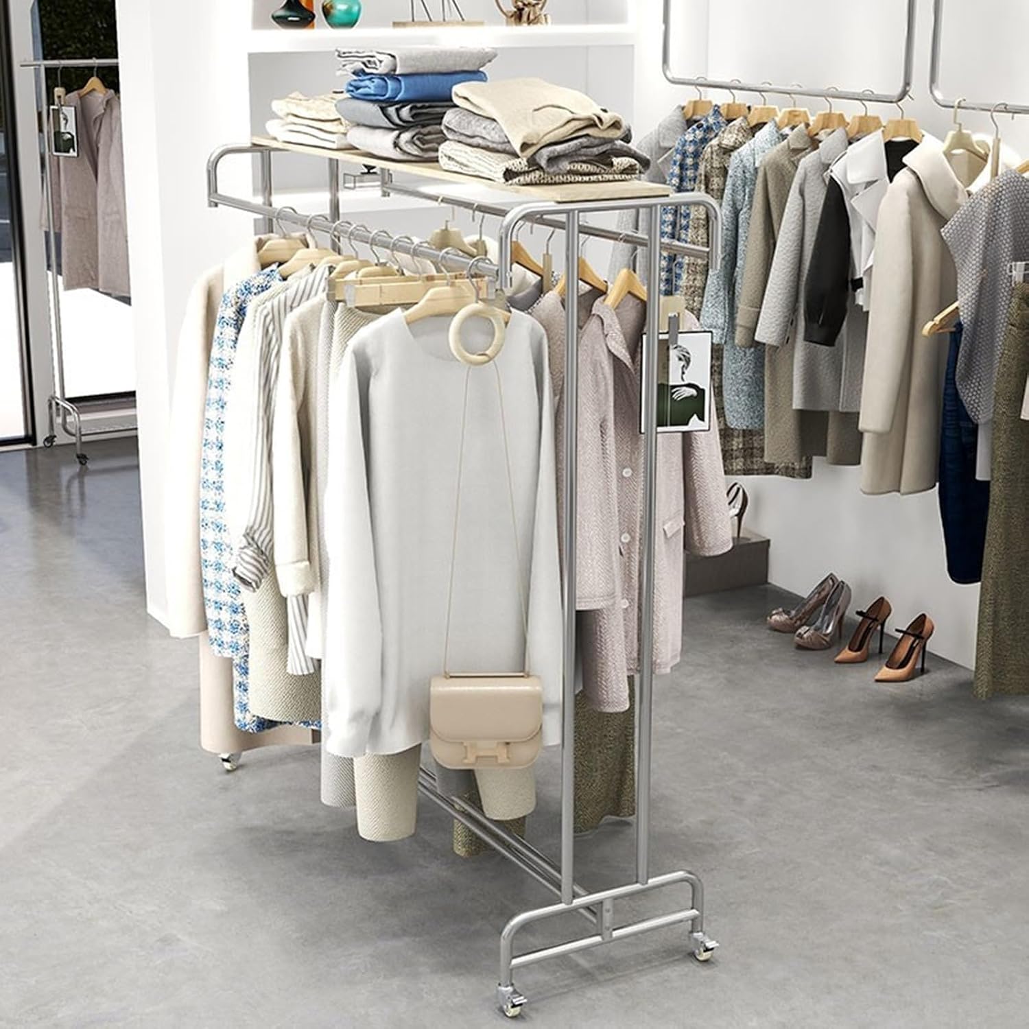 Stainless Steel Freestanding Garment Rack, Heavy Duty Double Rod Rolling Clothes Rack Clothing Hanger Stand for Modern Boutique Display Rack Retail Use ( Color : Rack with Shelf , Size : 100x50x135cm
