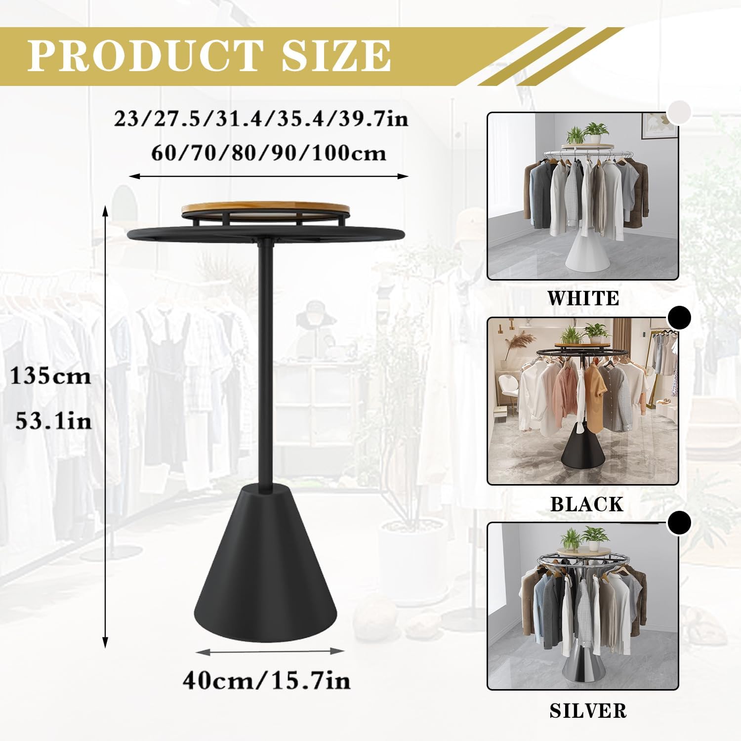 360° Rotatable Round Garment Rack, Heavy Duty Multi-Purpose Retail Round Clothes Rack for Coat, Home Floor-Standing Clothing Organizer, Display Clothes Rack for Boutiques,White,80x135cm