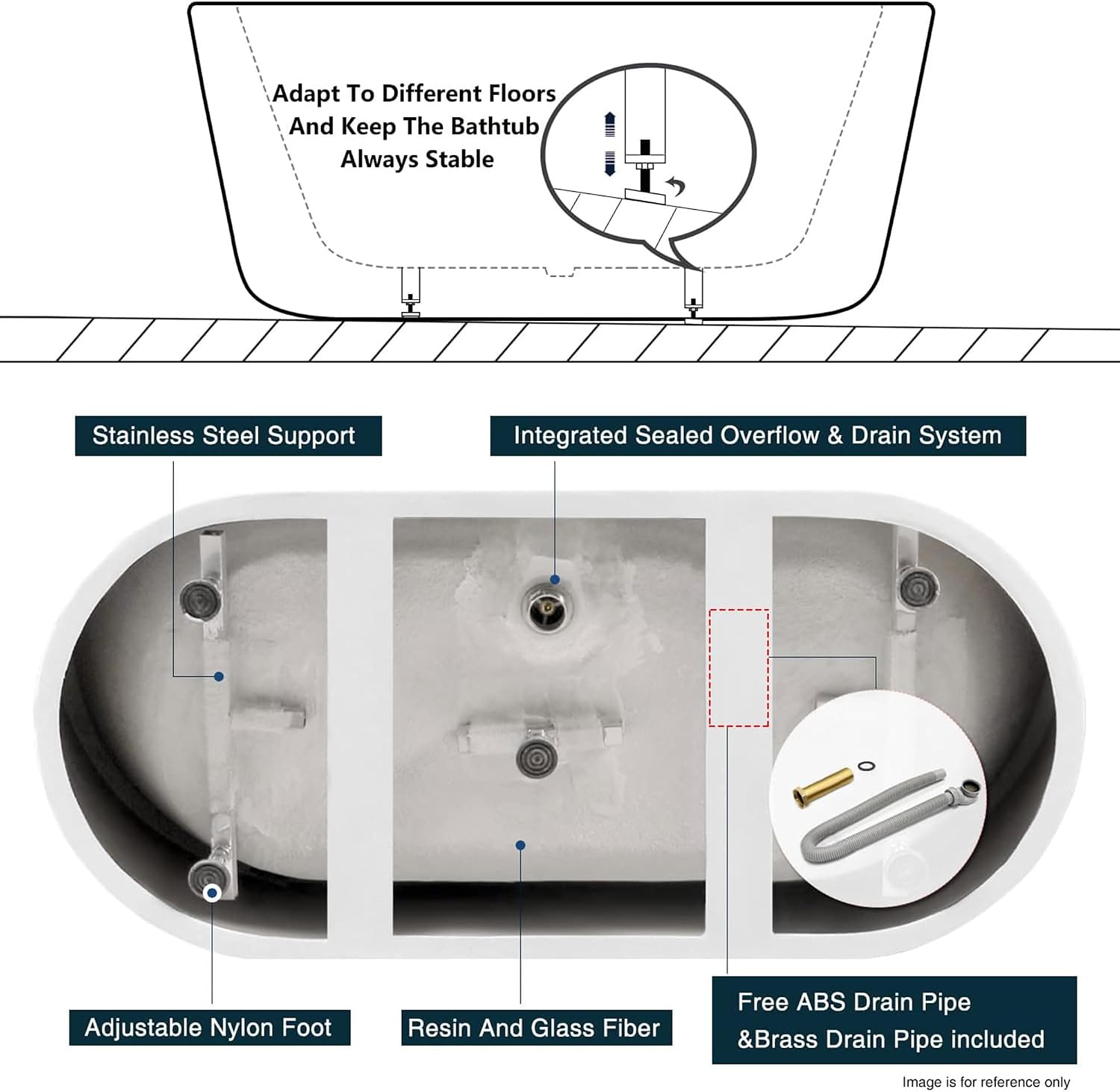FerdY Bali 67' Acrylic Freestanding Bathtub, Gracefully Shaped Freestanding Soaking Bathtub, Toe-Tap Chrome Drain and Classic Slotted Overflow Included, Glossy White, cUPC Certified,