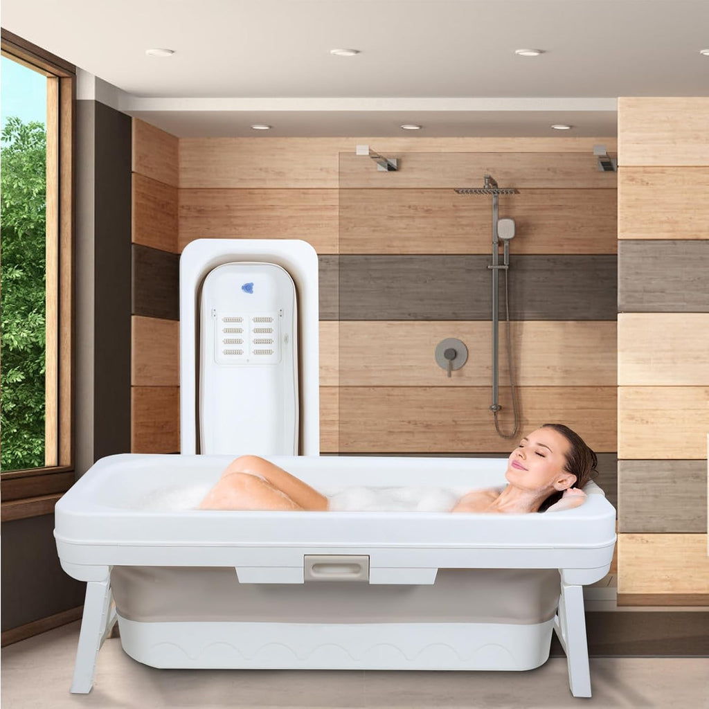59' Portable Bathtub, Freestanding Surround Collapsible Bathtub, Foldable Free Standing Tub, Shower Stall Tub for Family Sweat Steaming, Hot Bath, Ice Bath Beige
