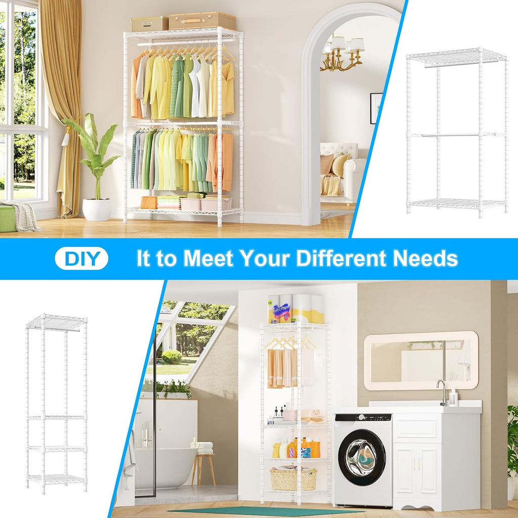 Ulif E10 (With Stretchable Hanger Rod) and E12C (With Black Dustproof Cover) Heavy Duty Closet Organizer System, Freestanding Clothing Rack for Hanging Clothes, Adjustable Garment Rack