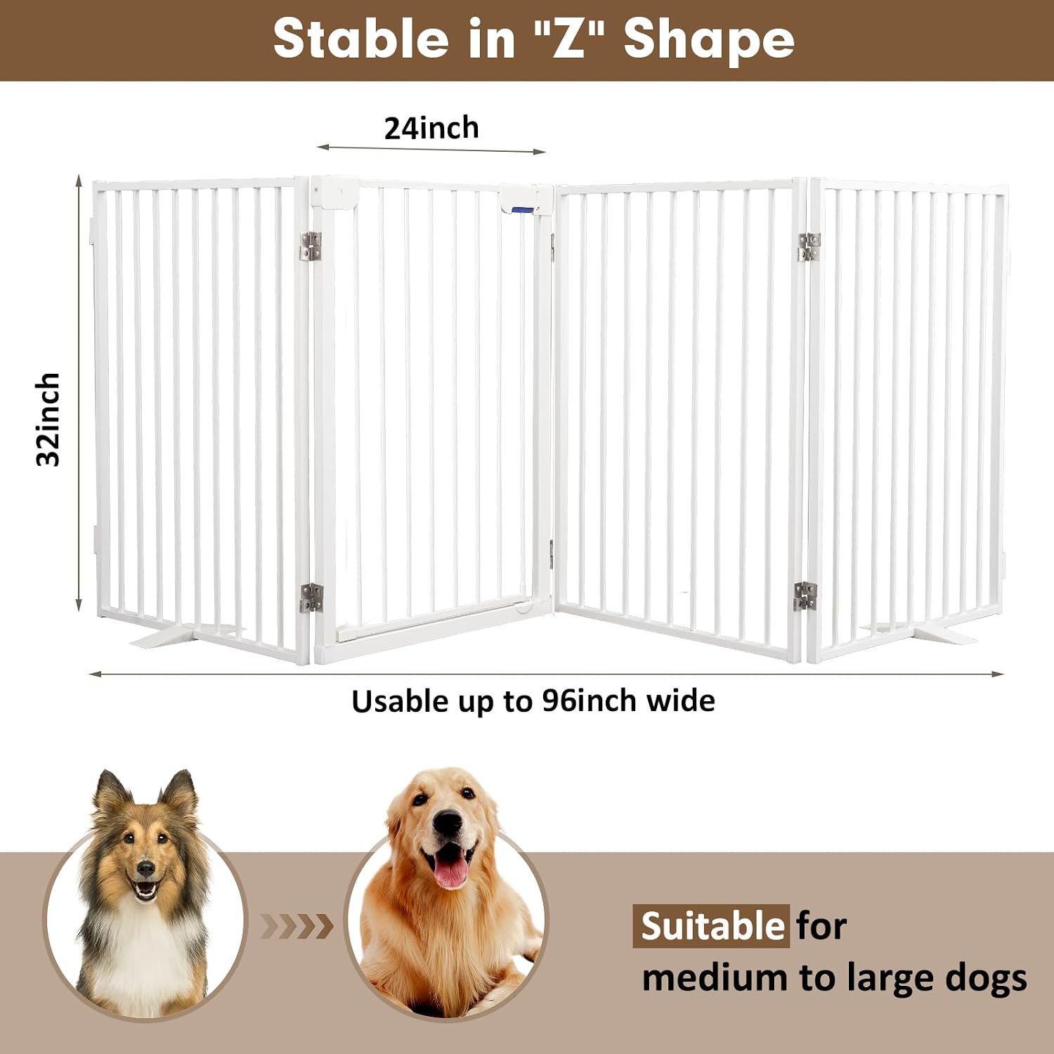 Metal Freestanding Dog Gates with Door,Extra Wide 24', 32' Height Foldable Dog Fence for Indoor & Outdoor, Heavy Duty Freestanding Pet Barrier for Stairs, Doorways, Halls, Kitchen,Yard,Christmas Tree
