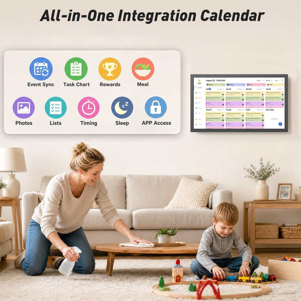 24' Digital Calendar Picture-Frame for-Wall-Planner - Interactive Display Electronic Calendar Picture Frame, Star Reward, Chore Chart, Sync Online iCloud Outlook Calendar, Wall Mount, Gift for Mom Dad