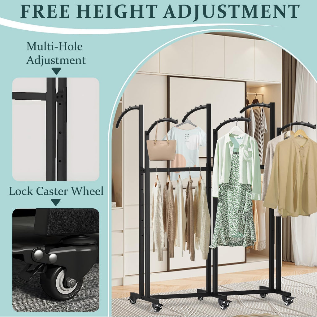 6 Way Heavy Duty Garment Racks with Wheels, Adjustable Height Retail Clothing Rack from 48' to 67', for Boutique Shops Large Retail Stores and Home Storage,Black