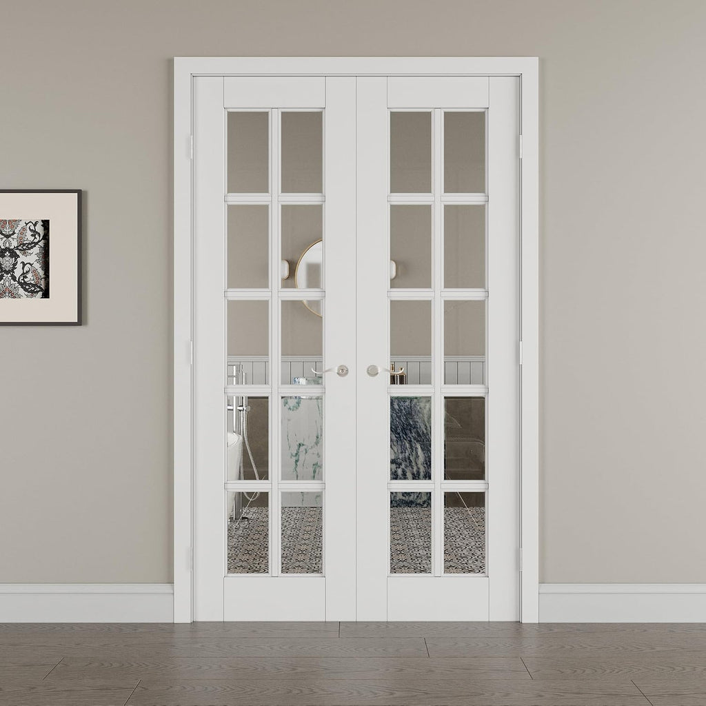 56' x 80' French Doors Interior (Double 28' x 80' 10-Lite Clear Glass Door with Silver Hinge Prehung Jamb Kit), Pre-Finished & Paintable, Prebuilt Home Door Panels & Assembly Required Jamb