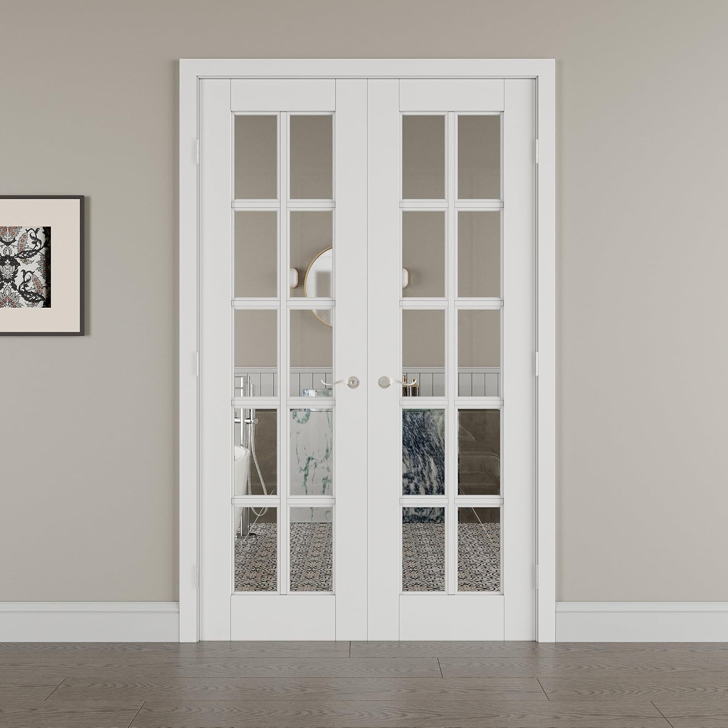 56' x 80' French Doors Interior (Double 28' x 80' 10-Lite Clear Glass Door with Silver Hinge Prehung Jamb Kit), Pre-Finished & Paintable, Prebuilt Home Door Panels & Assembly Required Jamb