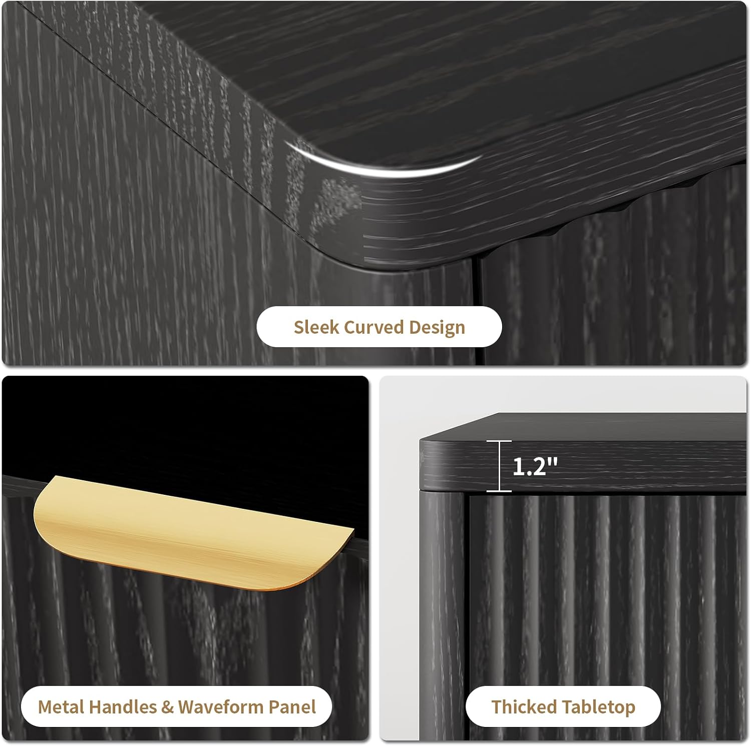 Fluted Night Stand Set of 2 with Charging Station, Wood Bedside Tables with Drawer & Open Shelf, Modern Matching Pair for Bedroom & Living Room, Black