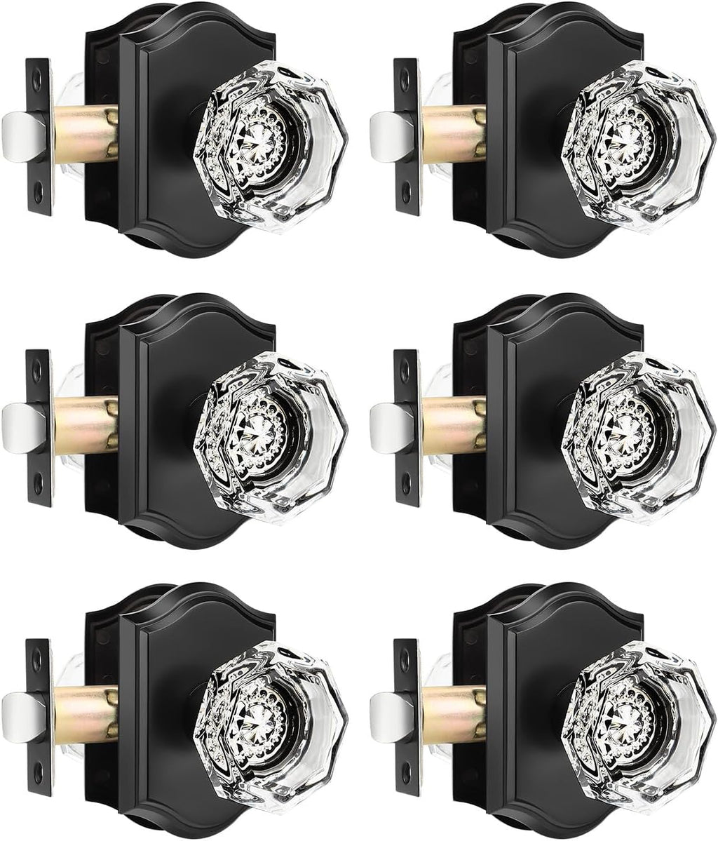 Gobrico 6 Pack Clear Diamond Passage Door Knobs,Matte Black Non-Locking Interior Door Handles,Octagonal Crystal Hall/Closet Door Knob,Arched Rosette