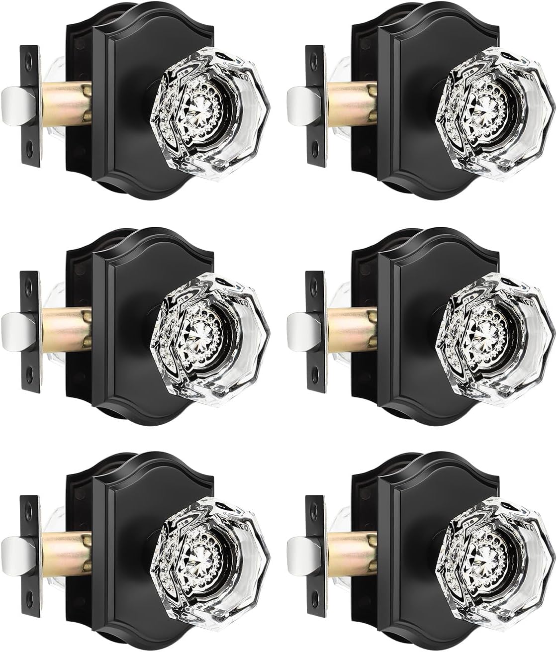 Gobrico 6 Pack Clear Diamond Passage Door Knobs,Matte Black Non-Locking Interior Door Handles,Octagonal Crystal Hall/Closet Door Knob,Arched Rosette