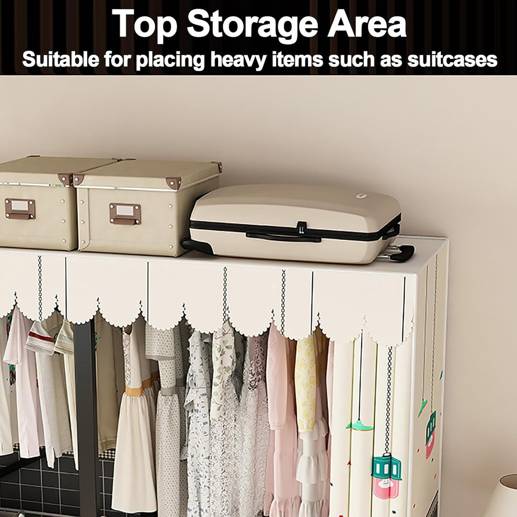 Foldable Clothe Rack With Cover, Garment Coat Storage Rack, Metal Clothing Organizer, Foldable Clothes Rack For Hanging Clothes, One-Piece Folding Base For Bedroom(White,190cm/74.8inch)