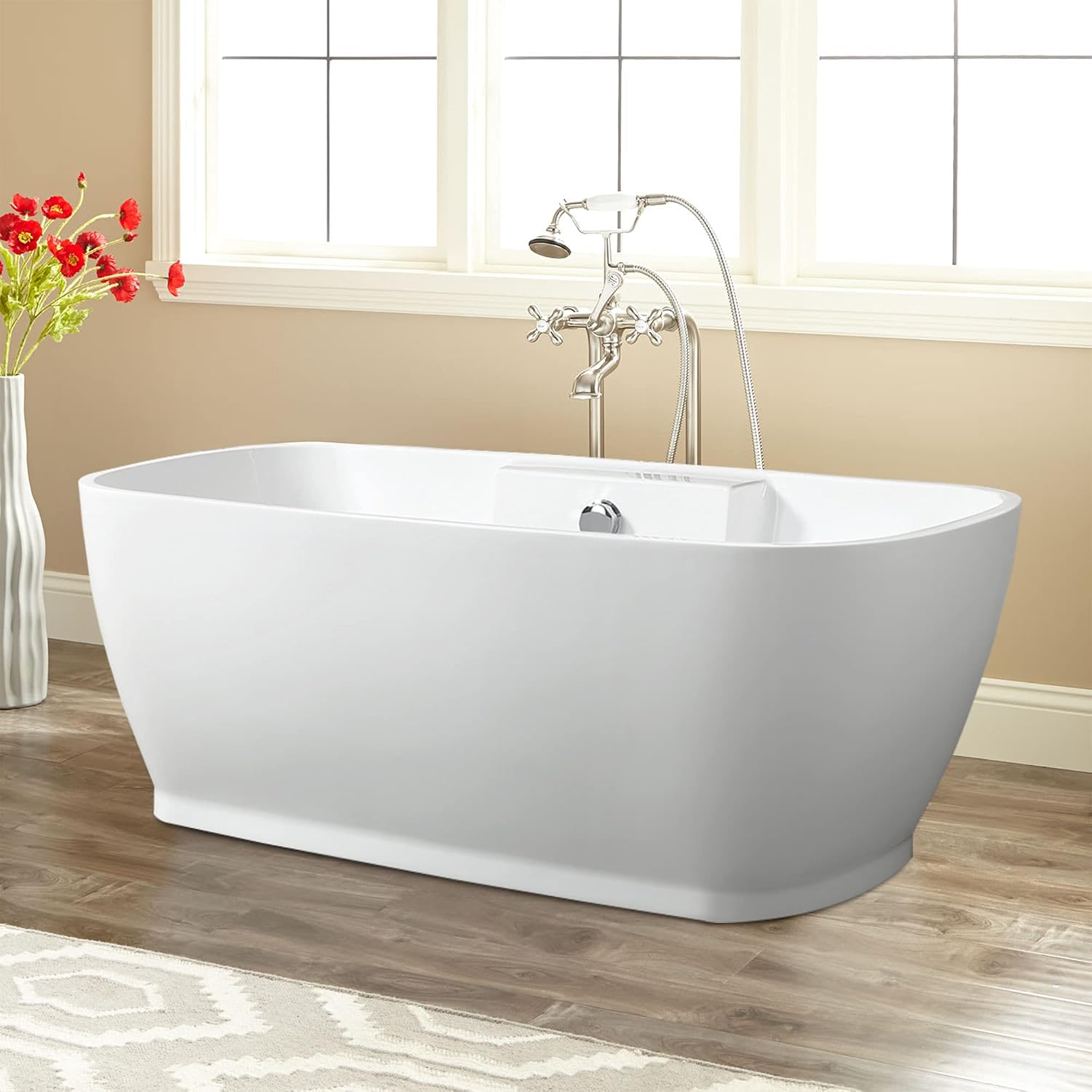 Vanity Art Freestanding White Acrylic Bathtub Modern Stand Alone Soaking Tub with Polished Chrome UPC Certified Round Overflow and Pop-up Drain (67' x 31') VA6835L