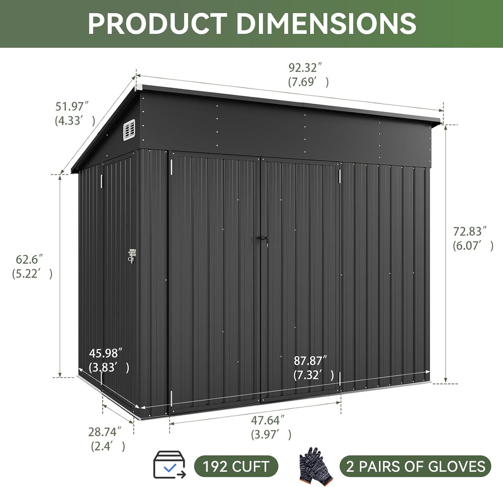 7.5'x4' Large Outdoor Shed with 3-Lockable Door & Sloping Roof, Heavy-Duty Galvanized Metal Garden Storage for Bikes, Tools, Snow Blowers (Black)