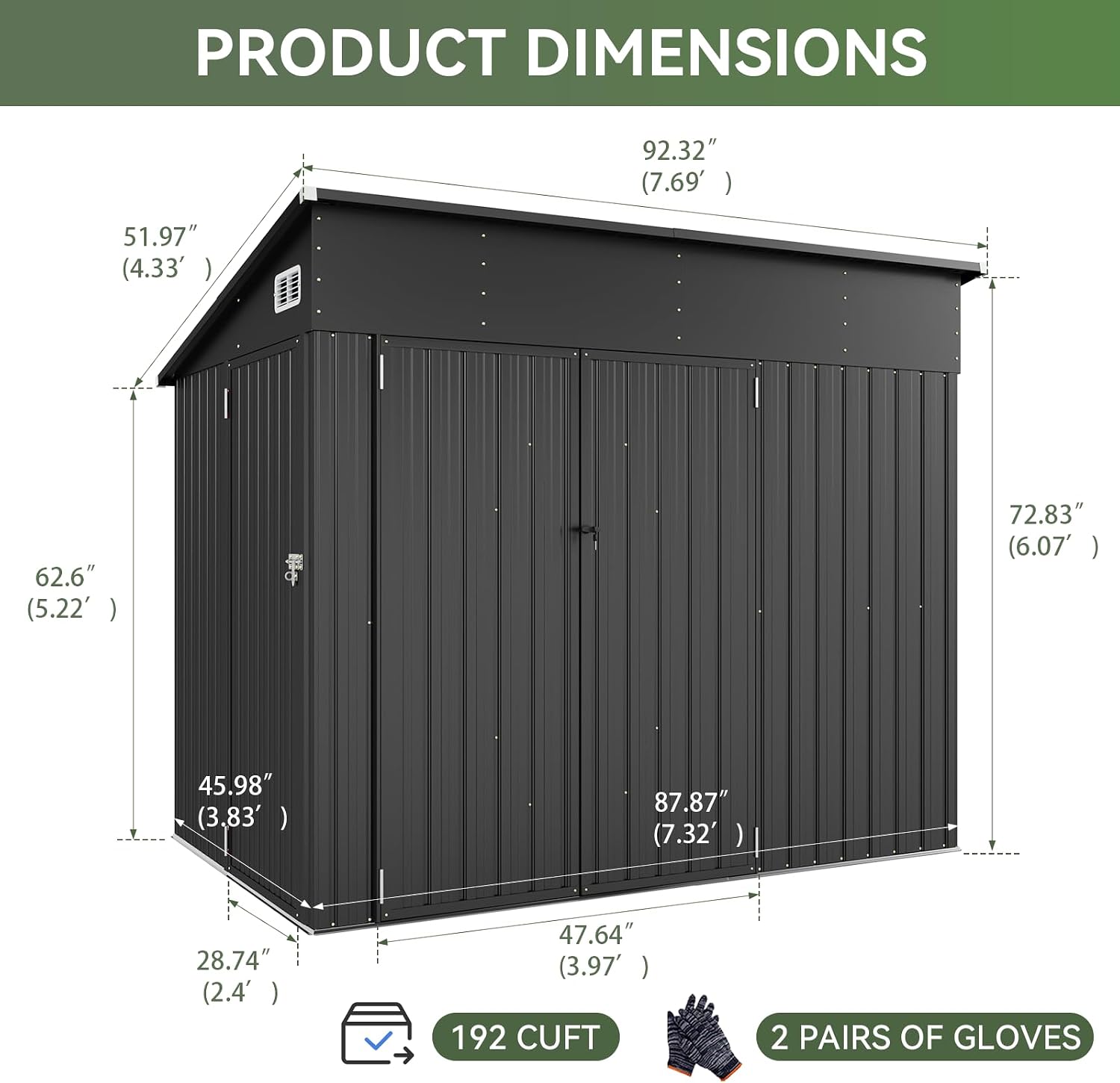 7.5'x4' Large Outdoor Shed with 3-Lockable Door & Sloping Roof, Heavy-Duty Galvanized Metal Garden Storage for Bikes, Tools, Snow Blowers (Black)