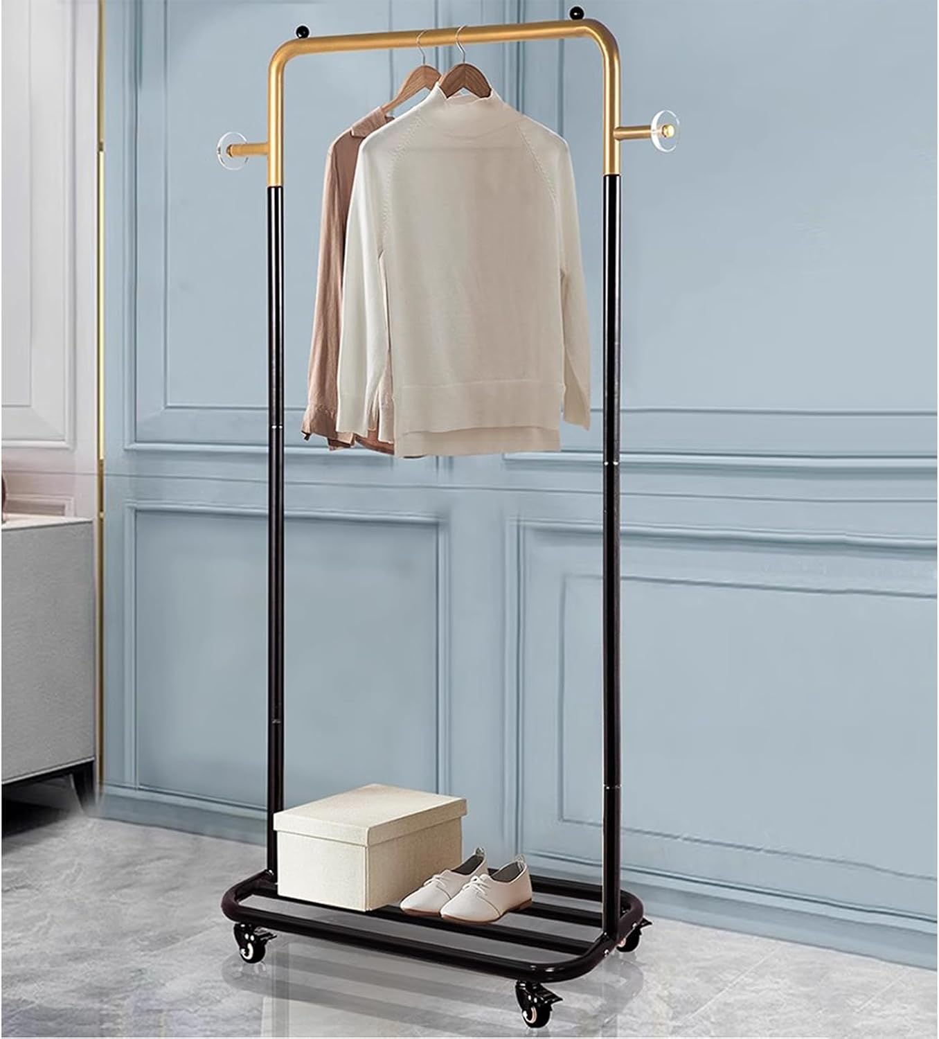 Garment Racks Metal Clothes Rack with Wheels, Clothing Rack with Bottom Storage Shelf,Heavy Duty Rolling Garment Rack for Hanging Clothes,Coats,Skirts,Gold+Bl,58X32X165CM