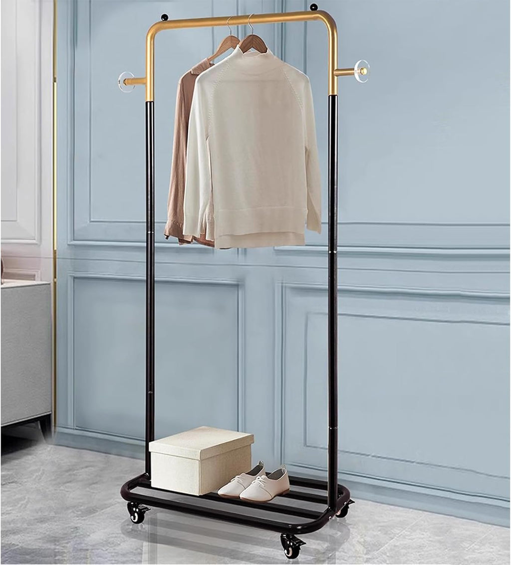 Garment Racks Metal Clothes Rack with Wheels, Clothing Rack with Bottom Storage Shelf,Heavy Duty Rolling Garment Rack for Hanging Clothes,Coats,Skirts,Gold+Black(Size:98X32X165CM)