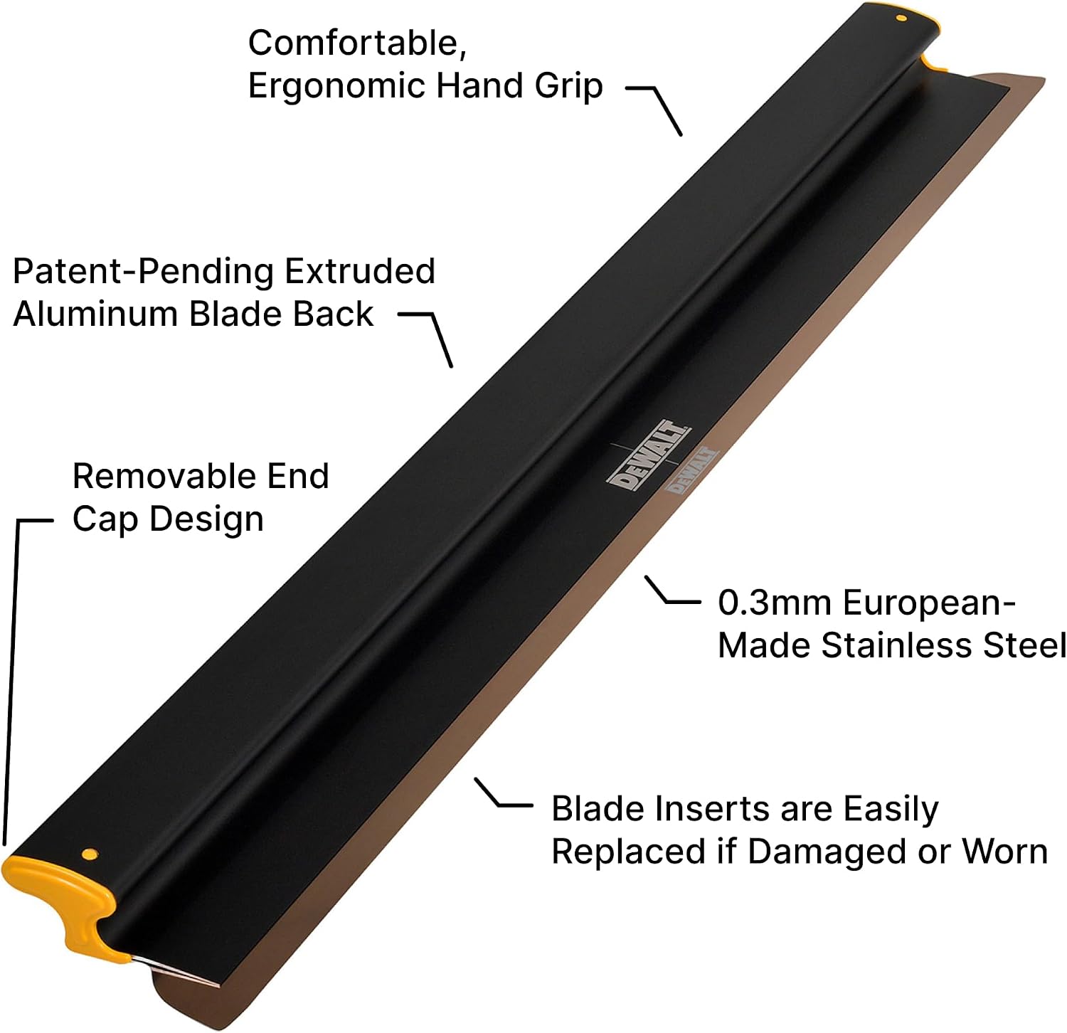 DEWALT Drywall Skimming Blade, 48-Inches | Pro-Grade | Extruded Aluminum & European Stainless Steel Construction | High-Impact End Caps | Sheetrock Gyprock Wall-Board Plasterboard | DXTT-2-948