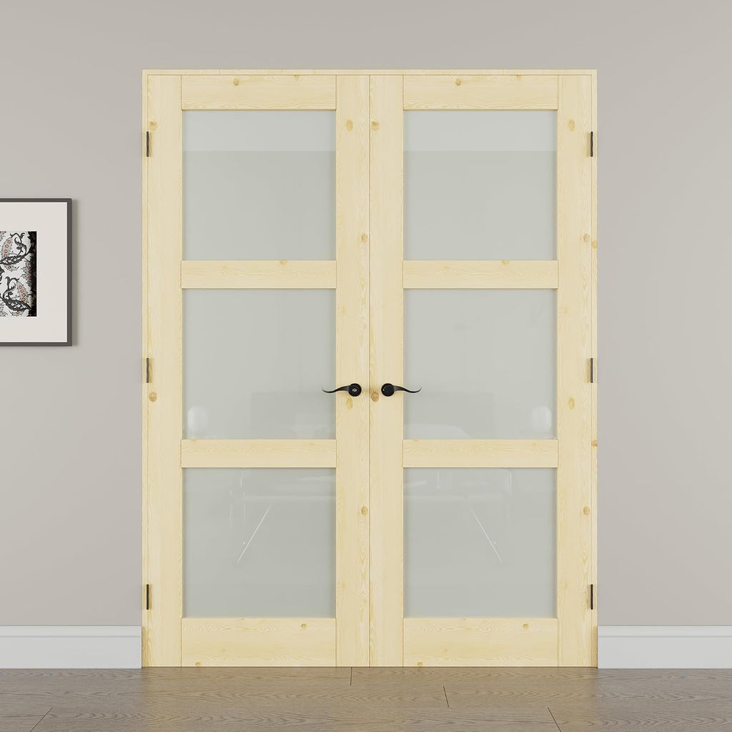 60' x 80' French Doors Interior (Double 30' x 80' 3-Lite Frosted Glass Pine Wood Door with Black Hinge Prehung Jamb Kit), Unifinished Natural Wood, Prebuilt Home Door Panels & Assembly Required Jamb