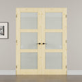 60' x 80' French Doors Interior (Double 30' x 80' 3-Lite Frosted Glass Pine Wood Door with Black Hinge Prehung Jamb Kit), Unifinished Natural Wood, Prebuilt Home Door Panels & Assembly Required Jamb