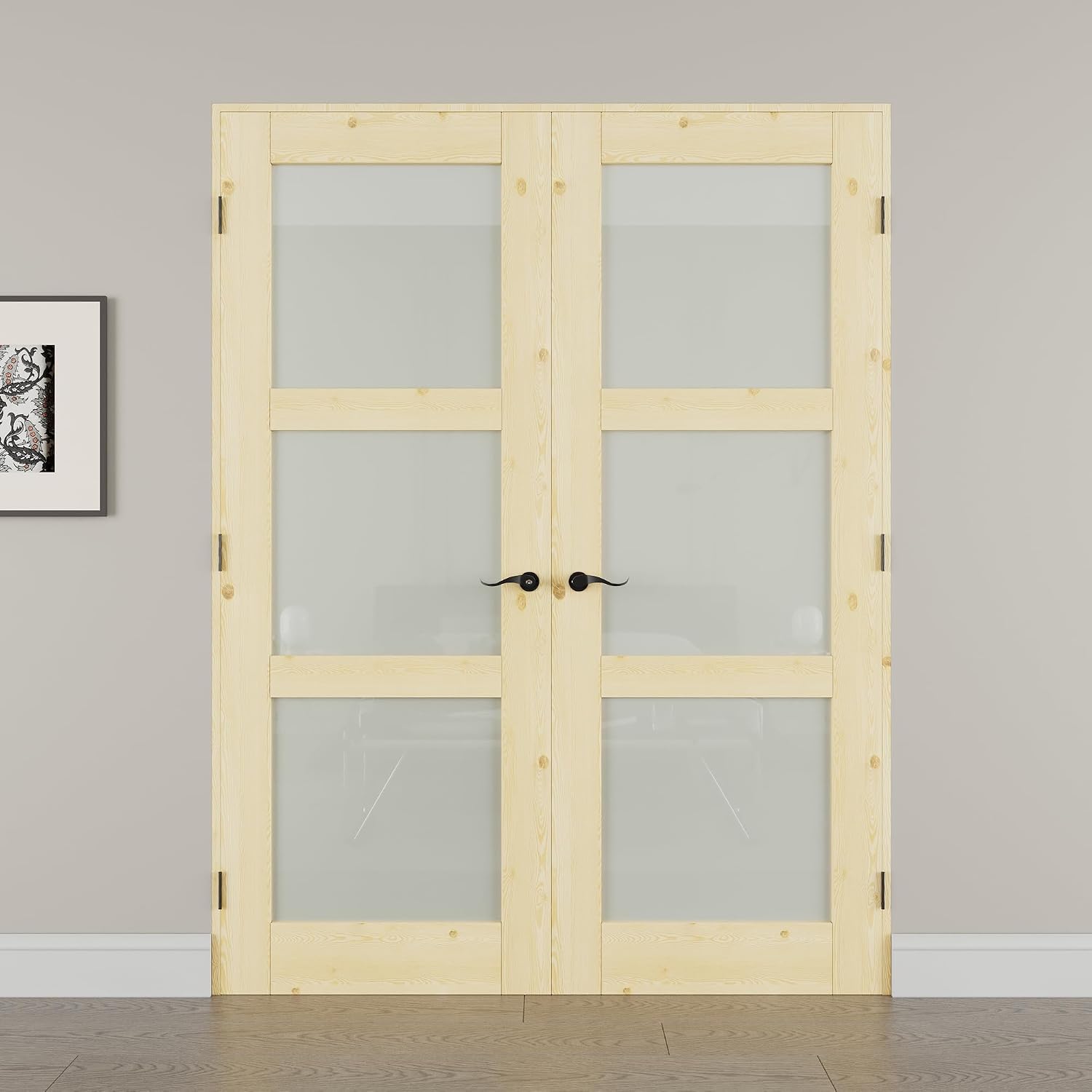60' x 80' French Doors Interior (Double 30' x 80' 3-Lite Frosted Glass Pine Wood Door with Black Hinge Prehung Jamb Kit), Unifinished Natural Wood, Prebuilt Home Door Panels & Assembly Required Jamb
