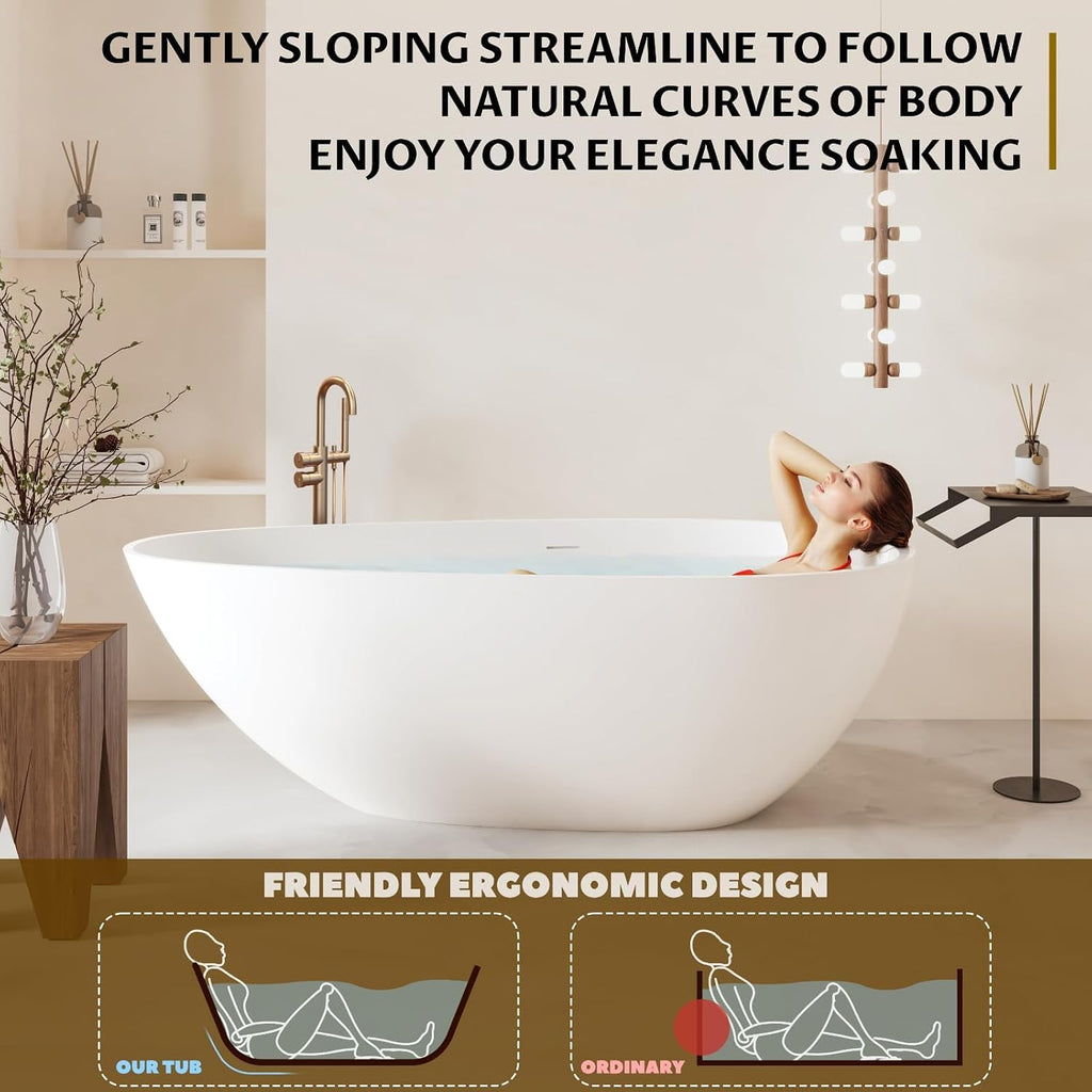 GarveeLife Freestanding Solid Surface Bathtub 67 Inch – Matte White Deep Soaking Tub, Contemporary Stone Stand Alone Bathtub with Smooth Ergonomic Design for Luxury Bathroom