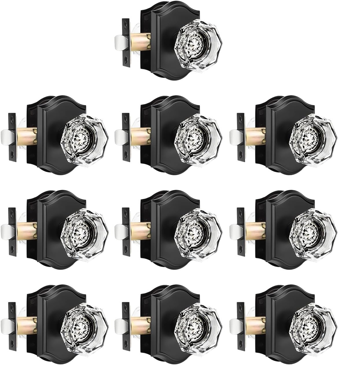 Gobrico Crystal Interior Door Knobs 10 Pack,Octagon Crystal Knob Handle with Clear Diamond Knob,Matte Black Arched Rosette,Passage Function for Hall/Closet