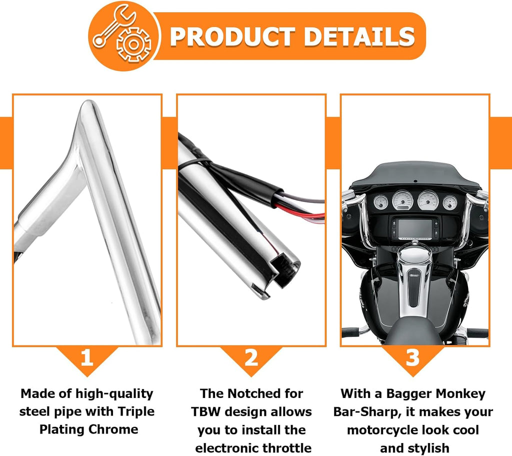 Mofun 12' Handlebars Pre-wired Ape Hangers 1 1/4' Meathook Ape Bar Compatible with Harley Bagger Touring Street Glide Electra Tri Glide Ultra Limited 2014-2023 Chrome