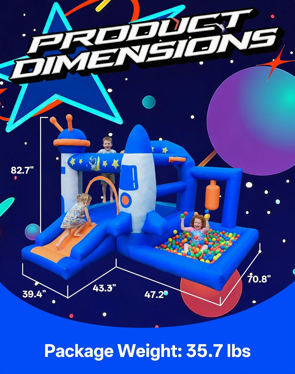 Kid Bounce House, Space Rocket Theme Inflatable Bounce House for 3-6 with 370W Blower, Basketball Hoop, Slide, Ball Pit (Balls Not Included), Storage Bag, Bouncy Castle for Indoor Outdoor Use