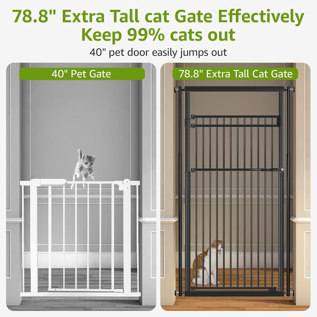 78.8' Extra Tall Cat Gate, 28.3-33' Wide Safety Metal Cat Door, Pressure Mounted Easy Walk Through Pet Gate with Door for Stairs, Doorways (Black)