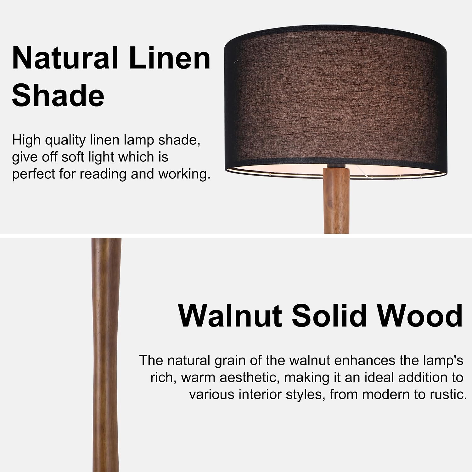 62' Tall Rustic Wood Floor Lamp for Living Room, Farmhouse Walnut Wood Floor Lamps with Linen Shade, UL Listed Standing Lamps with Wooden Base for Bedroom, Dining Room, House, Black Shade