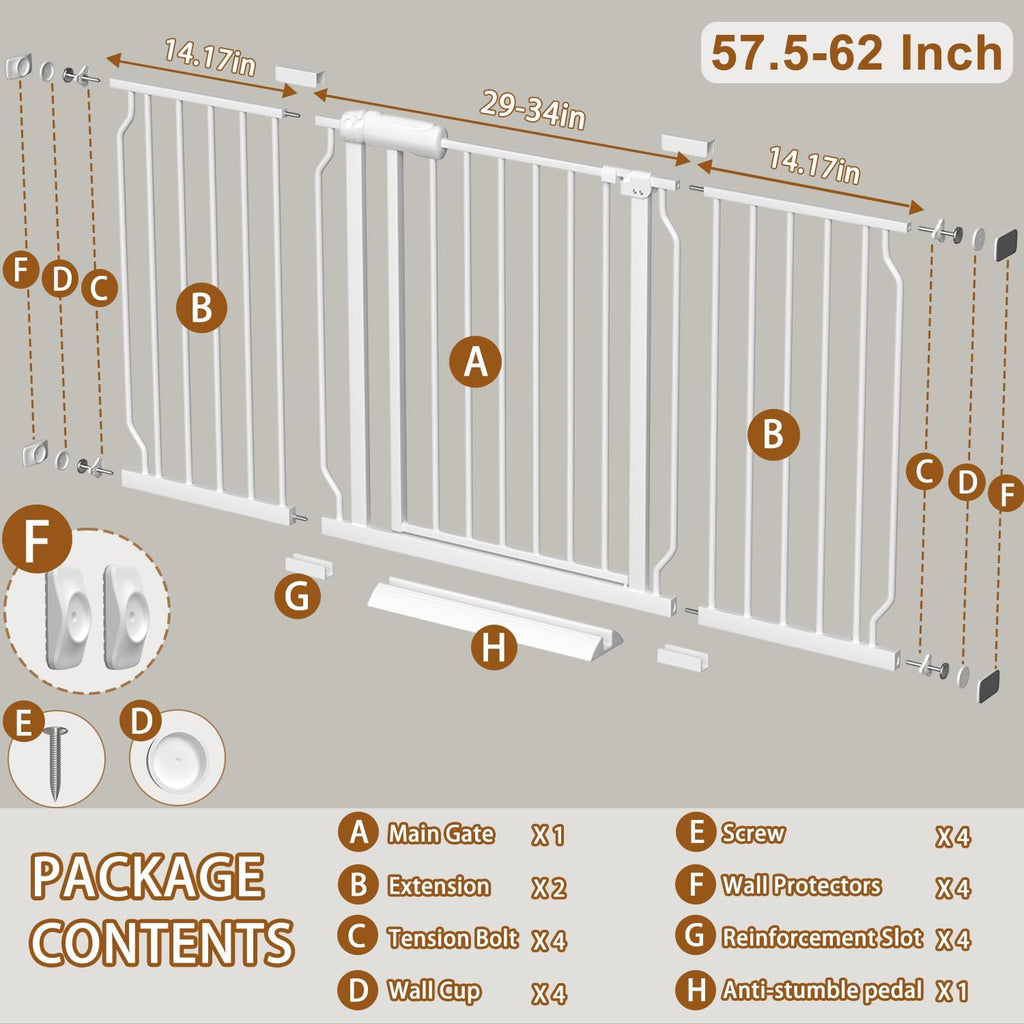 Fairy Baby Extra Wide Baby Gate for Doorways Auto Close Safety Gates for Bedroom, Fits 57.5 Inch to 62 Inch with Pressure Mounted Extention Kit, White