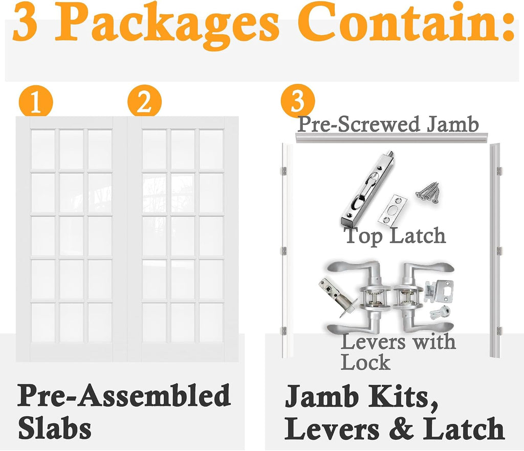Prehung French Door 64' x 80' (2x32 in), 15-Lite Tempered Clear Glass Door Slabs with Jamb, Silver Hinges, 4 Levers & Latch, Solid Core Interior Door, Pre-Finished & Paintable,Double Doors Interior