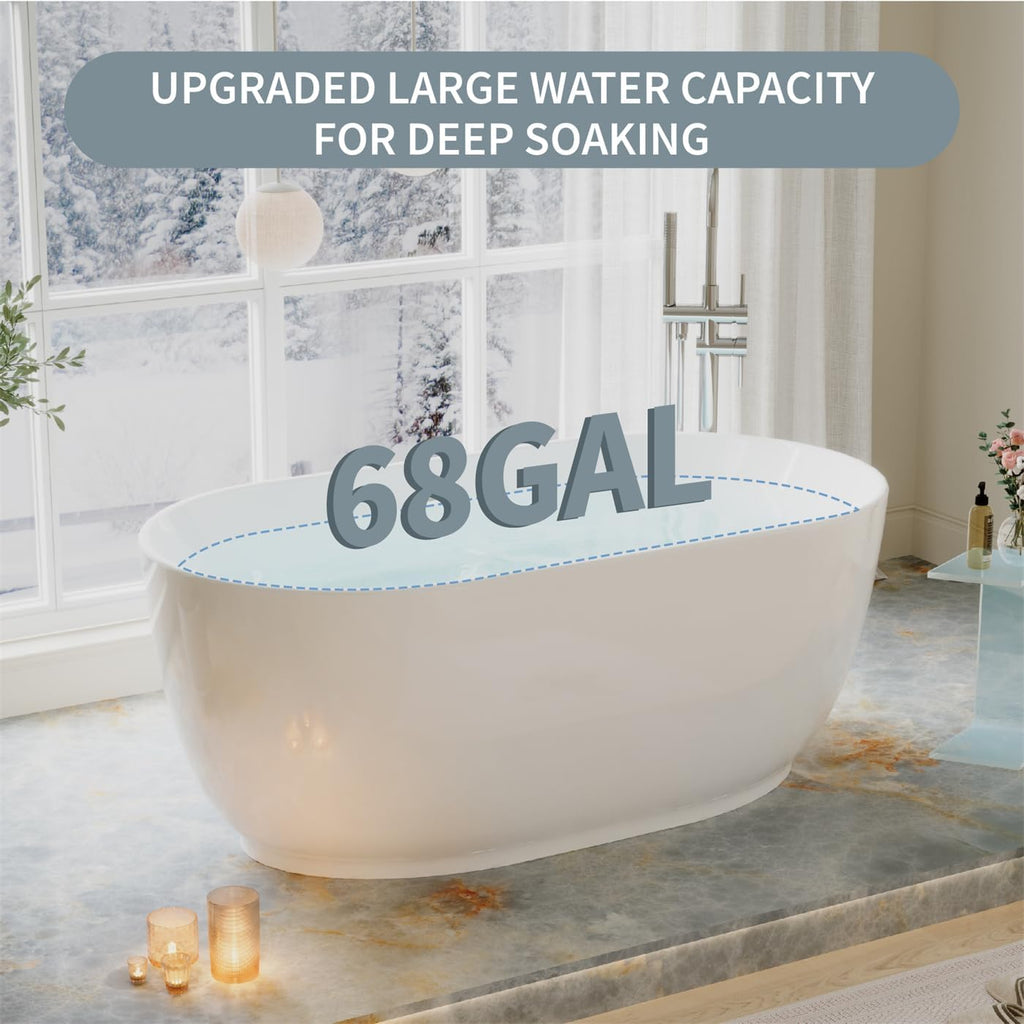 WELLFOR 59 Inch Acylic Freestanding Bathtub, 68 Gallons Capacity Soacking Bathtub with Chrome Bathtub Drain and Groove Overflow, Freestanding Soaking Tub for 1 Person, Glossy White